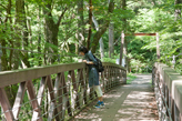 遊歩道の途中、矢ケ崎川に架かる木の吊り橋