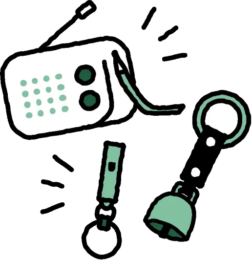 クマ鈴、ラジオ、笛を鳴らす